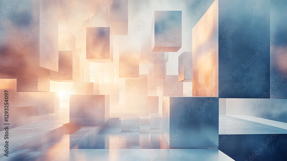 Poster a surreal landscape featuring floating, translucent cubes illuminated by soft light, creating an eth