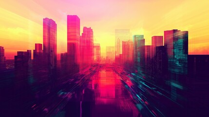 Fototapeta premium A glitch-art style pixelated cityscape with shifting colors.