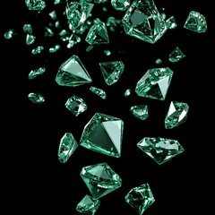 Many green diamonds falling against a black background.