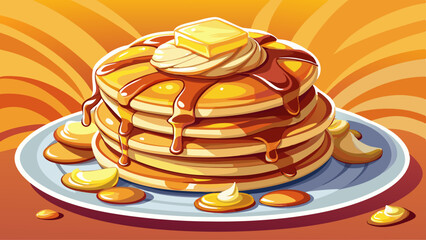 Tasty pile of fluffy pancakes covered in butter and drizzled with sweet maple syrup