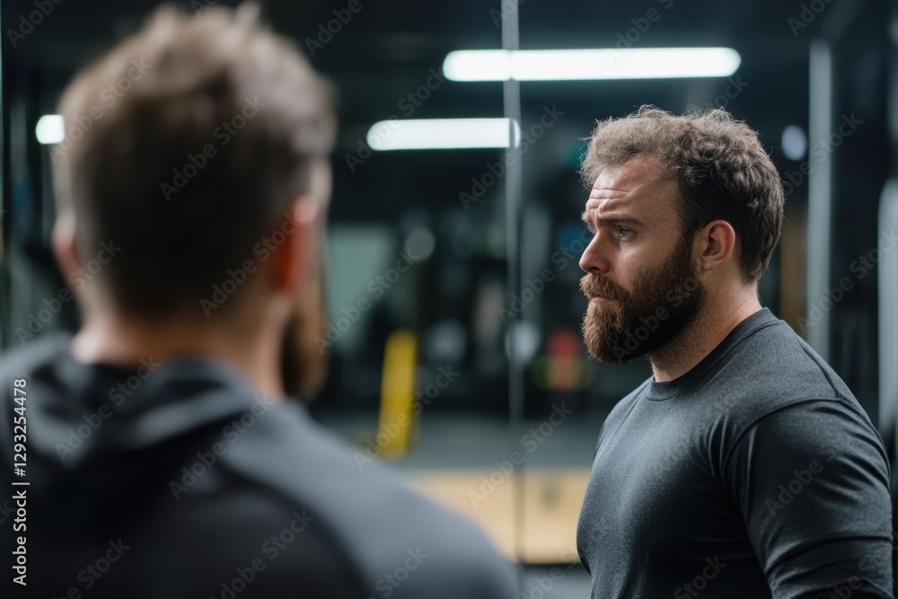 Poster guy in gym looking in mirror after exercise.
