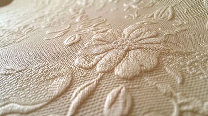 A close-up view of an intricate floral pattern on textured fabric, showcasing its embossed design and subtle color.