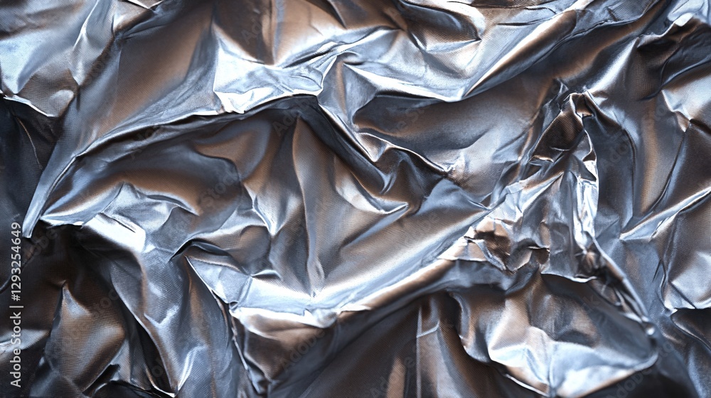 Poster a close-up of crumpled metallic material, showcasing intricate folds and textures in a shiny silver 