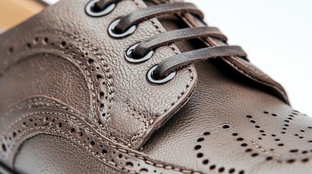 Brown leather brogue shoe features detailed stitching, elegant laces, and classic perforated patterns in a bright studio setting.