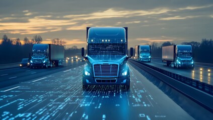 Connected trucks on highway at dawn with digital code