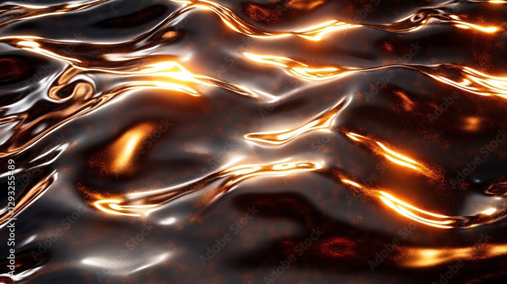 Poster a shimmering surface of liquid with smooth, wavy textures reflecting warm light, creating an abstrac