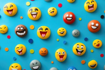 A playful illustration of cartoon-style happy emoticons with exaggerated facial expressions, scattered randomly on a vibrant background.