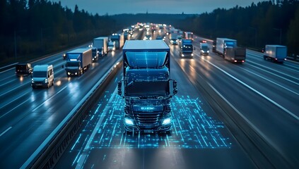 Autonomous truck on highway at night with digital interface