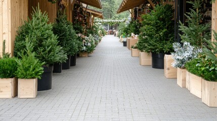 Fototapeta premium Potted evergreen pine trees in wooden boxes line a paved stone walkway at an outdoor garden market.