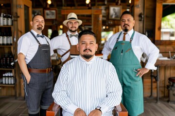 Hispanic male barber shop team with stylish uniforms and vintage charm