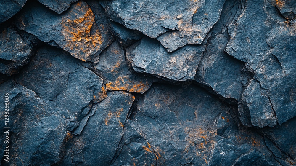 Poster a close-up of textured, dark blue rock layers with hints of orange, showcasing natural patterns and 