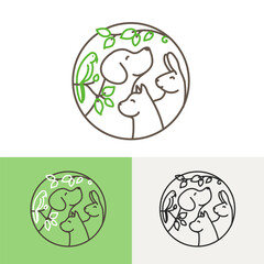 Circular logo line art of a dog, rabbit, cat, and bird, green leaves, simple, minimal lines