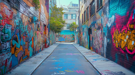 Fototapeta premium A hidden alleyway filled with colorful street art murals