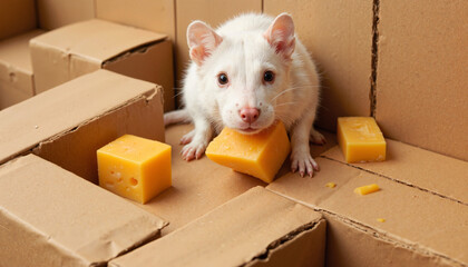 Fototapeta premium Curious white rat exploring cardboard maze with cheese, playful adventure