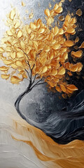 A stunning oil painting of a tree with gold, purple, and blue leaves, set against a soft gradient background with abstract wave-like texture in a light white-to-gray tone