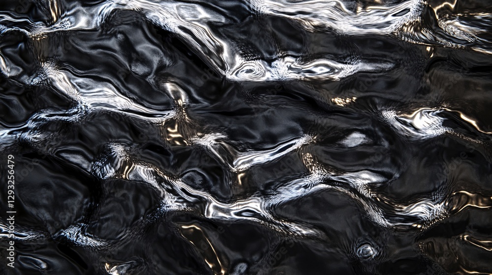 Poster a close-up view of dark, rippling water exhibiting a shiny, reflective surface, creating a mesmerizi