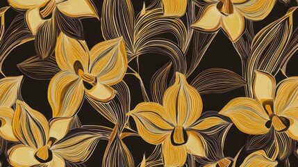 Opulent Gold Orchid Print on a Striking Black Background
