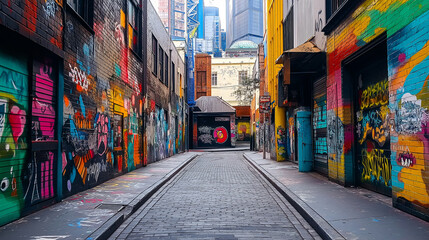 Fototapeta premium A hidden alleyway filled with colorful street art murals