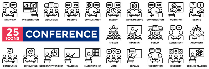 Conference icon collection set.Containing  interview, meeting, workshop, discussion, teaching, speech, training icon. Simple line vector illustration.