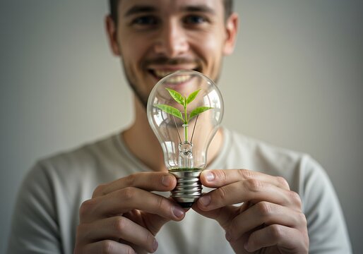 Green Energy Concept: Man Holding a Light Bulb with a Plant Inside - Powered by Adobe