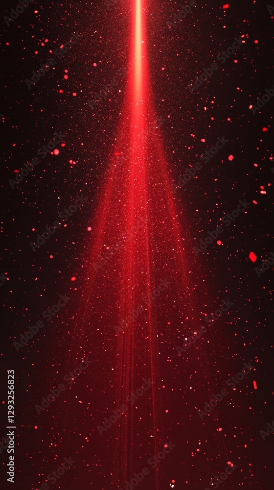Poster red light beam with glowing particles and dark background. futuristic laser and cosmic energy concep