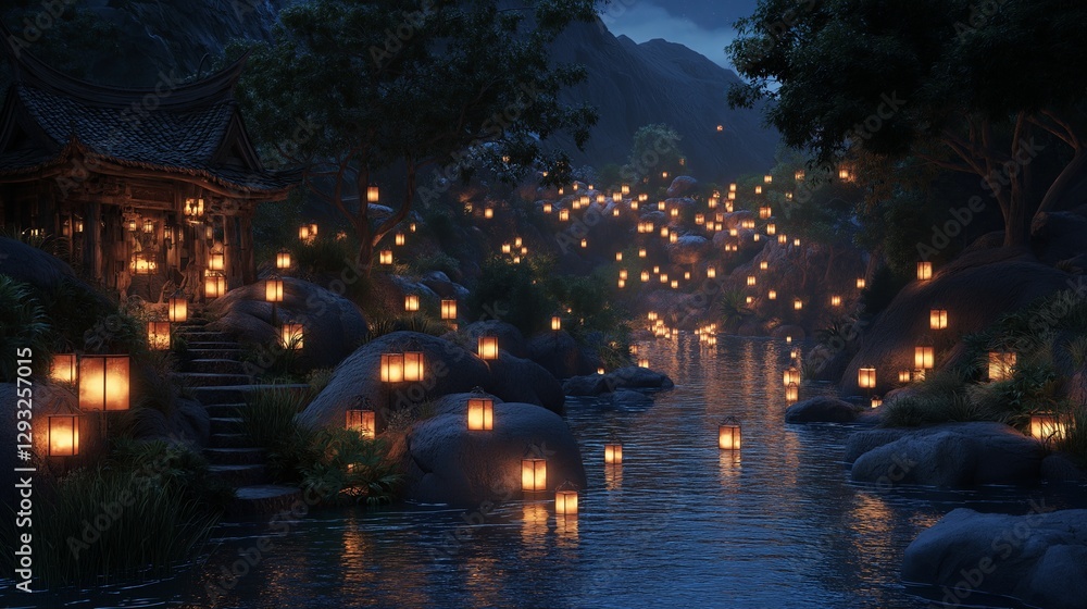 Poster a hidden valley with floating lanterns lighting up a river at dusk