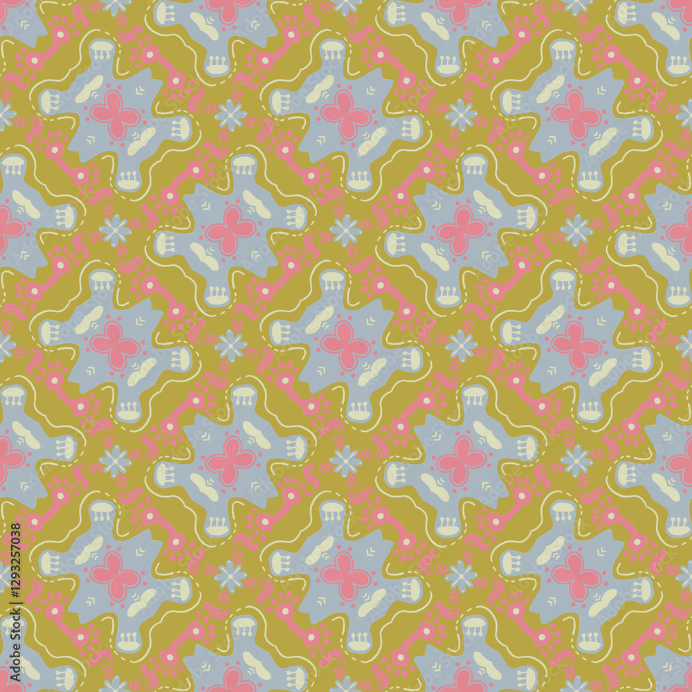 Poster abstract floral or geometric motif. The motif is composed of four rounded, arm-like shapes radiating from a central point, creating a cross-like or star-like form.