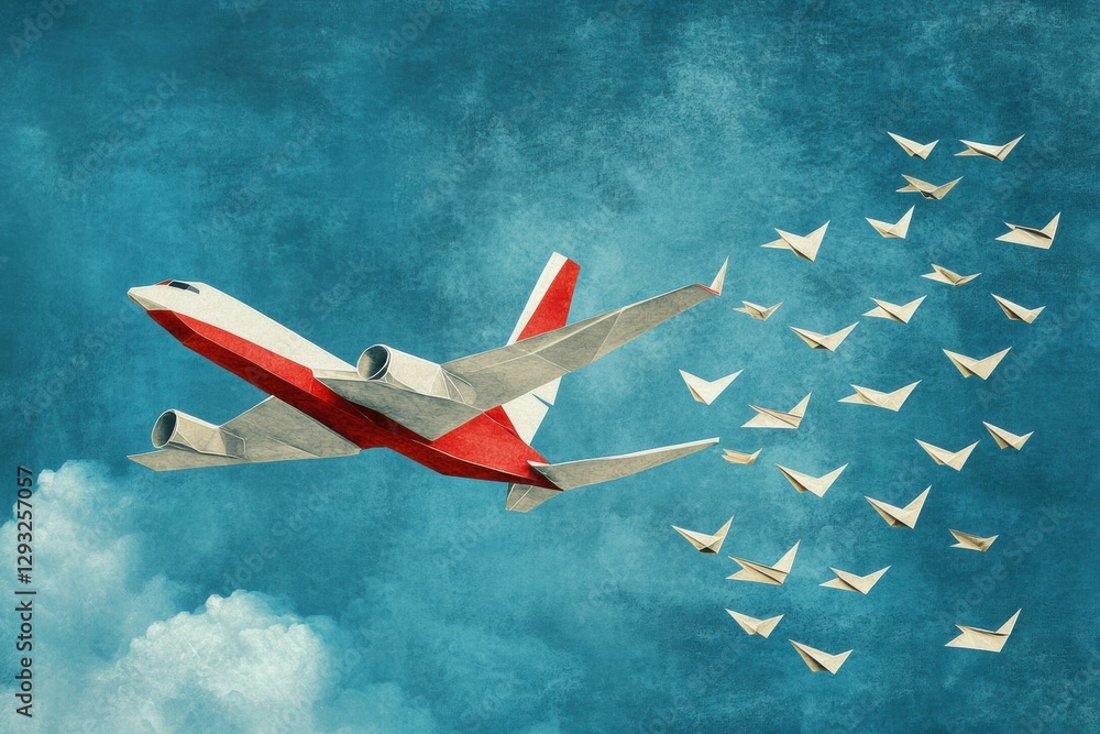 Poster red and white airplane leads a formation of paper planes in a vibrant blue sky. generative ai