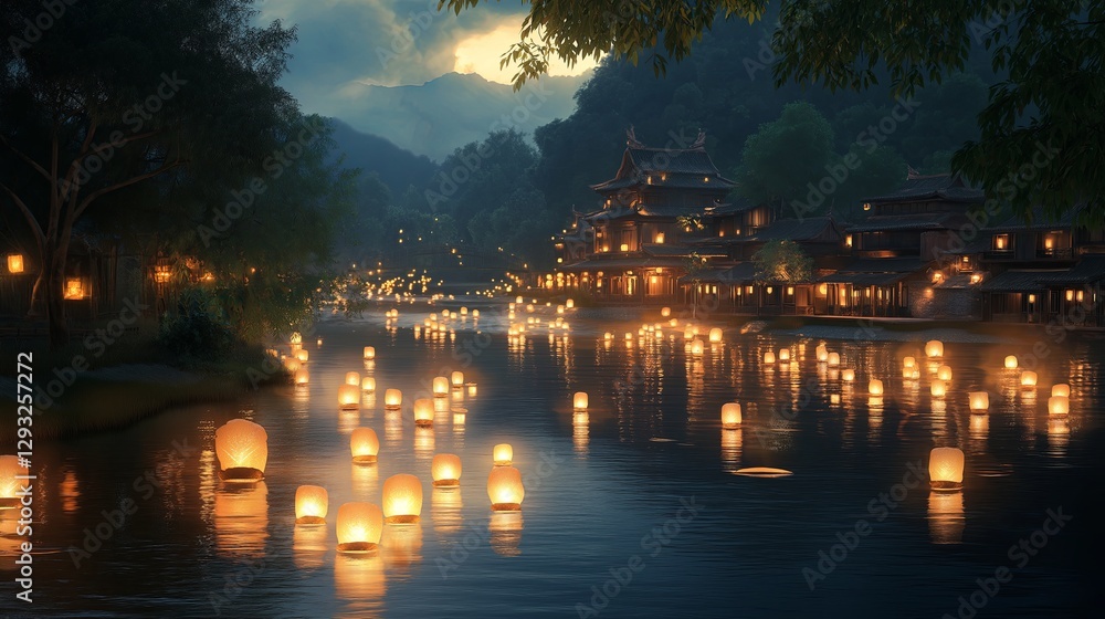Poster a hidden valley with floating lanterns lighting up a river at dusk