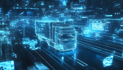 Futuristic truck on highway, data stream in background