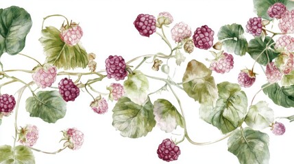 Watercolor Raspberries and Leaves: A Delicate Floral Design