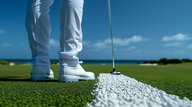 Male golfer in white shoes preparing to putt on sunny day