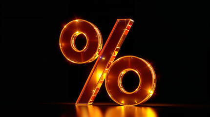 Glowing percentage symbol shining on dark background representing discounts and savings