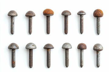 Old Nail Head Collection. Rusty Pins on White Background for Industrial Design