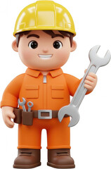 Fototapeta premium Cheerful 3D Cartoon Mechanic Holding Wrench Wearing Orange Jumpsuit and Yellow Helmet