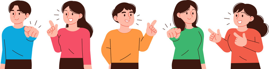 People pointing in different directions with their hands. Pointing hand gesture concept people collection.