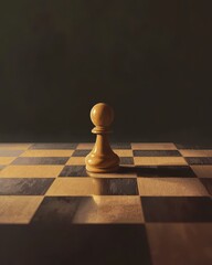Solo Chess Pawn on Vintage Wooden Board with Dramatic Lighting