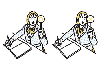 シンプル　イラスト　マルバツ札を持って質問に答える女子高生