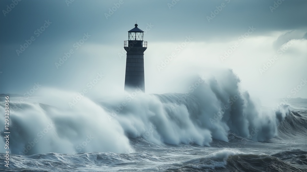 Poster a lone lighthouse standing against enormous storm waves.
