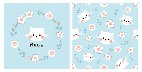 Obraz premium Seamless pattern with cat kitten, paw print, daisy flower and branch on blue background vector.