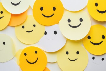 A minimalist wallpaper with large, cheerful emoticons in different shades of yellow smiling against a white backdrop.