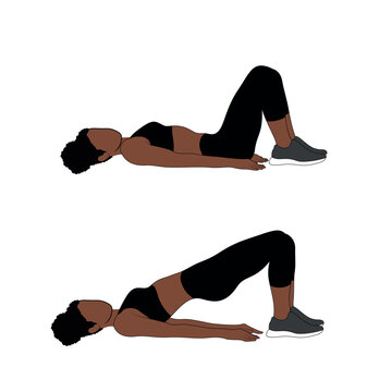 A Black African woman in black clothing doing glute bridges exercise. Flat vector illustration isolated on white background	