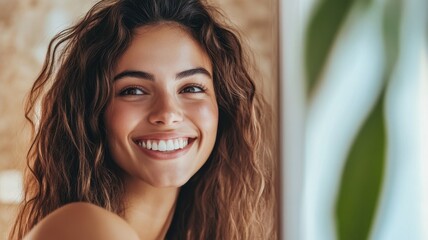 Fototapeta premium Smiling woman admiring herself in the mirror, embracing self-love and confidence.