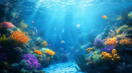 Fototapeta premium A magical coral reef with vibrant sea creatures and hidden treasures