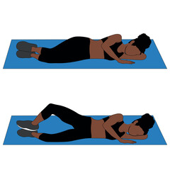 A Black African woman in black clothing doing clamshells exercise. Flat vector illustration isolated on white background	