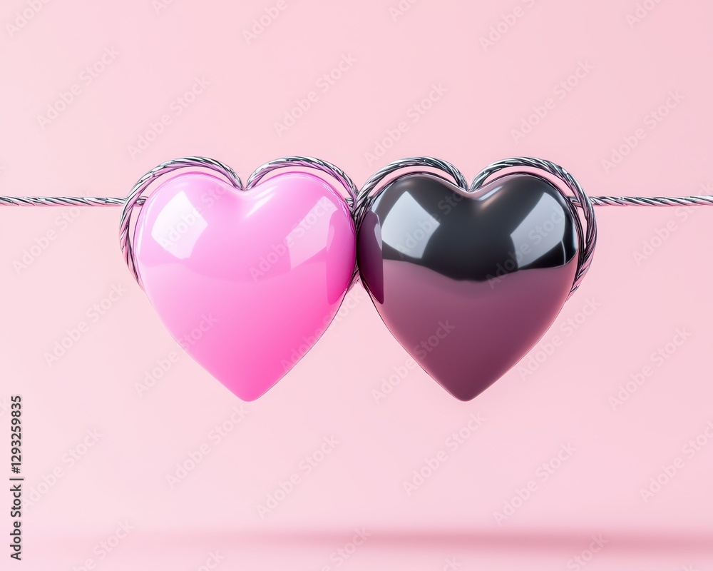 Poster two colorful hearts on a string symbolize love and connection in a modern design.
