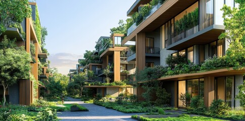Fototapeta premium Modern eco-friendly apartment complex surrounded by lush greenery for sustainable urban living.