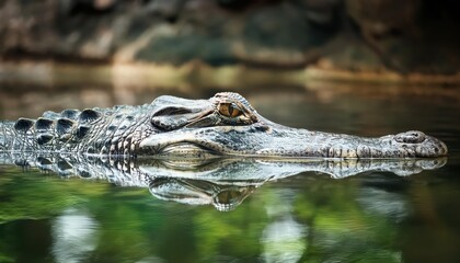 Fototapeta premium Alligator Swimming in Zoo Pool, Majestic Reptile Gliding through Crystalclear Waters with a Powerful Splash, Showcasing an Aweinspiring Display of Prehistoric Beauty