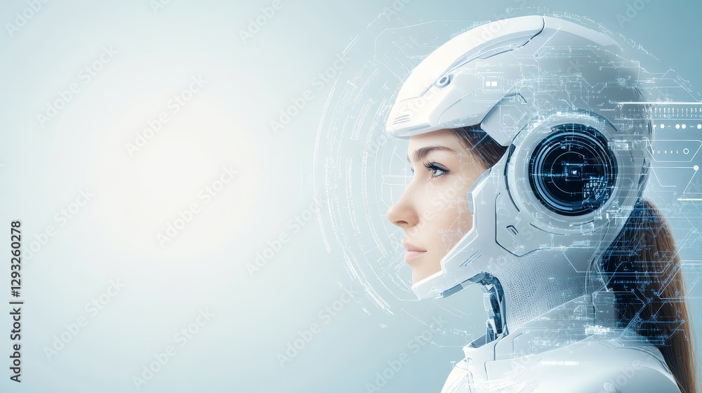 Poster futuristic female robot with high-tech interface and digital patterns