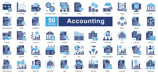 Accounting icon set in lineal Two Color, featuring 50 icons of finance, auditing, bookkeeping, and investment. Perfect for financial reports, business analysis, and corporate presentations.